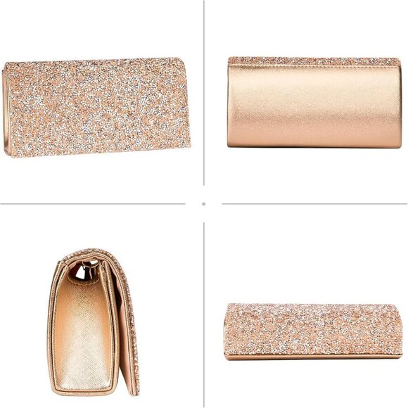Women's Rhinestone Evening Handbag Clutch Rose Gold Envelope Crossbody - Picture 6 of 7